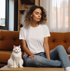 室内白色T恤家居美女摄影图片